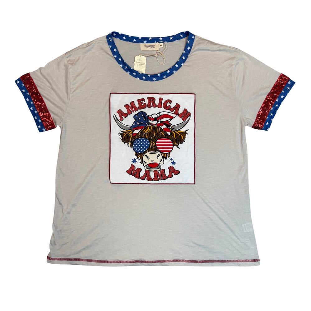 NWT American Mama Highland Cow Shirt Patriotic Western Mama XL Boutique Top
